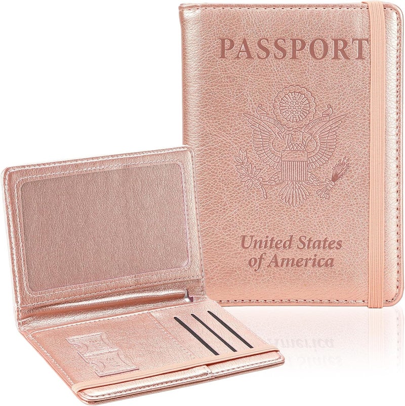 RHOttbiy Passport Holder for Travel, RFID Blocking Passport Cover with Pen Holder Leather Passport Wallet Case Travel Must Haves Accessories Passport Book Card Holder for Family Travel Essentials, Rose Gold - Image 1